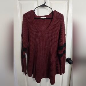 Women's V-Neck Knit Sweater - Burgundy and Black